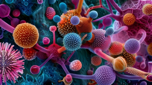High-resolution image of fungal spores, with intricate patterns and structures, captured under a scanning electron microscope in vibrant false colors 