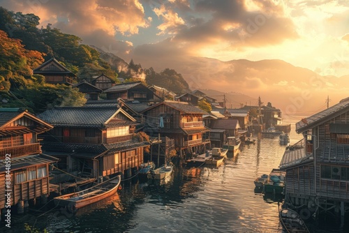 Japanese coastal village with fishing boats, traditional wooden houses, and a serene harbor bathed in the golden light of sunset 