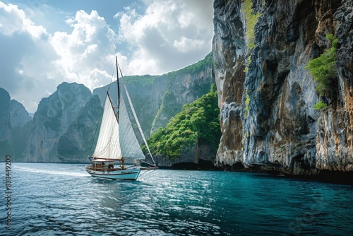 Sailboat cruising near a rocky coastline, with towering cliffs and lush greenery in the background, showcasing the contrast between land and sea 