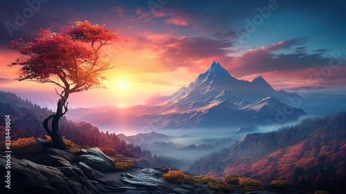 Majestic mountain range at sunrise, with misty valleys and vibrant colors 