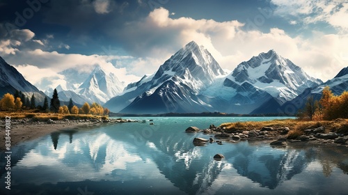 Majestic mountain range reflected in a tranquil lake 