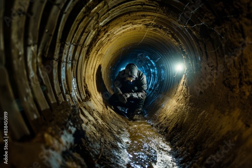 Claustrophobic Exploration in an Underground Tunnel with Flashlight and Narrow Walls