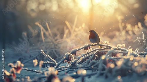 Bird sitting on frosty branch in winter sunrise and enjoying the serene morning scenery