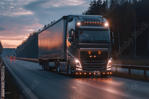 Truck with a semi-trailer driving on an empty highway in the evening, front view slightly from the side, transport and forwarding theme 