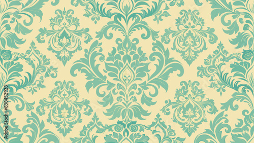 Ornate teal damask pattern on a cream background, featuring symmetrical floral and scroll motifs in a repeating design.