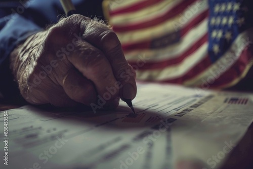 Close-Up of Hand Marking Ballot with American Flag in Background, USA Election