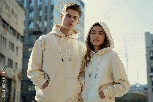 A male and female model wearing plain cream colored hoodies, with streetwear vibes, in a city background