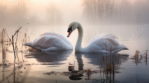 Mute swans preening their feathers on a misty morning lake 