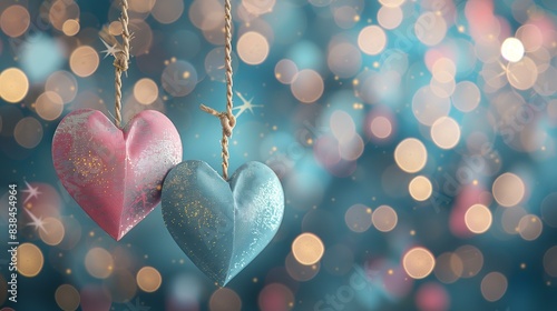 Two glittery hearts hanging on a string against a colorful bokeh background, symbolizing love and romance.