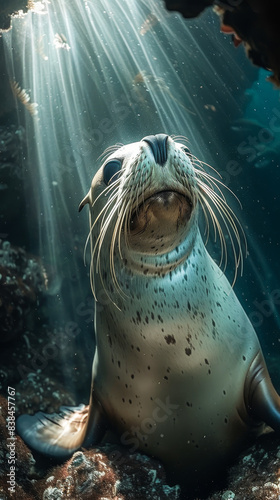 California Sea Lion Seal Basking in Sunrays Underwater in Baja California, Serene Marine Life Scene, Wildlife Photography, Peaceful Ocean Habitat