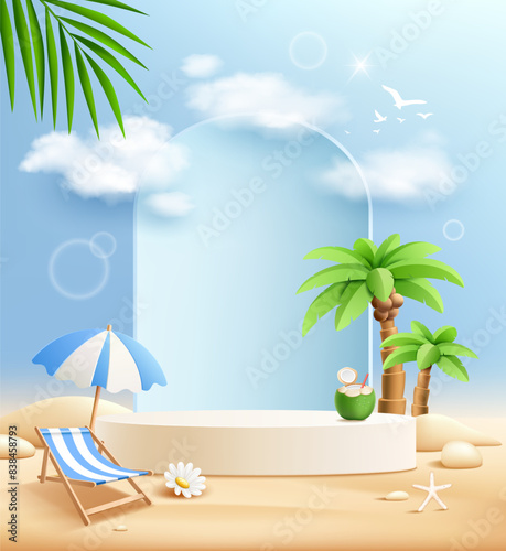 Summer podium display poster flyer design, coconut trees, pile of sand, coconut fruit, beach umbrella, on blue background, EPS 10 vector illustration 