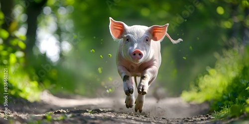Pigs frolicking on a dirt road in a countryside setting. Concept Animals, Agriculture, Countryside, Nature, Piglets