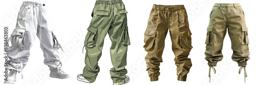 Stylish cargo pants in various color on a transparent background, png.