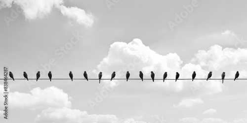 Minimalistic composition: Birds on wire. Flock of Tits sits on electrical wires against sky. Black and white photo