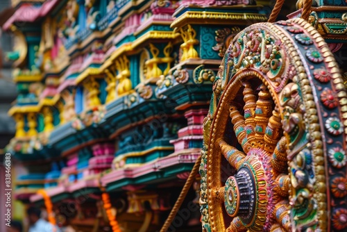 Intricately Carved Rath Yatra Chariot with Vibrant Colors and Devotees Pulling Ropes – Traditional Festival Scene for Cultural Celebration Posters