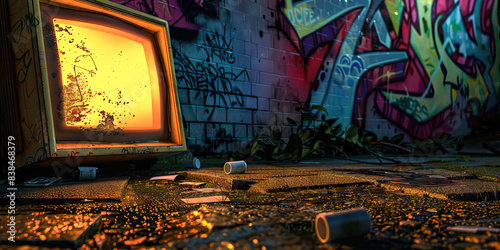 The Algorithmic Anarchist: A graffiti-covered wall, illuminated by the glow of a hidden computer monitor, strewn about on the ground.