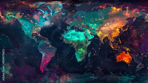 Vibrant Global Map Illustrating Population Distribution with Major and Sparsely Populated Areas