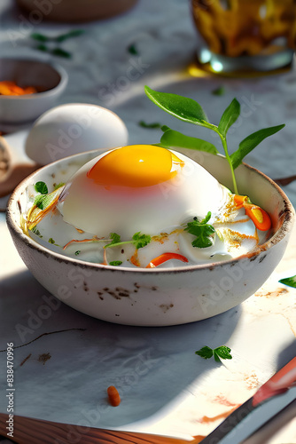 Um lindo prato de ovo mollet preparado por chefe de cozinha renomado