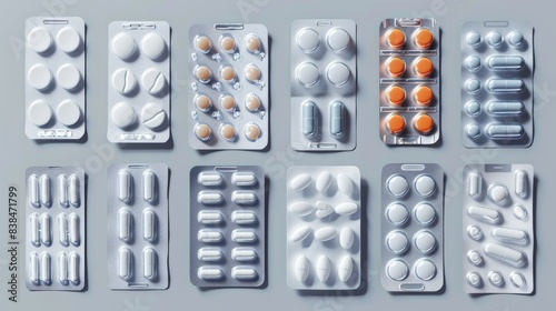 On a neutral background, pharmaceutical tablets and capsules are packaged in blister packs