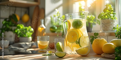 Refreshing Lemon-Lime Drink on Kitchen Counter. Concept Food Photography, Citrus Refreshment, Drink Recipe, Summer Beverage, Kitchen Counter Art