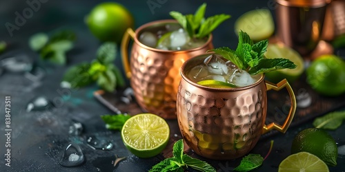 Iconic Moscow Mule Cocktail Served in a Copper Mug with Mint and Lime Garnish. Concept Cocktails, Moscow Mule, Copper Mug, Mint Garnish, Lime Garnish