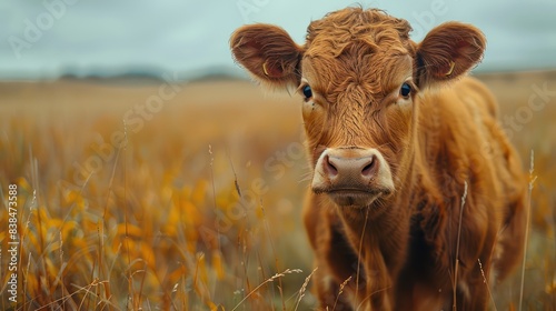 Brown calf or cow in field, farm rustic background. Generative AI