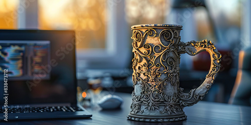 The Algorithmic Alchemist: A vintage stein, filled with intricate scrolls, beside an open computer.