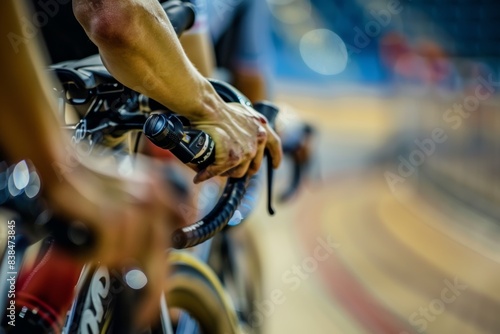 Close-Up of Cyclists Adjusting Gear Shifters During a Race at the Olympic Velodrome - Concept of Speed and Precision in Competitive Cycling