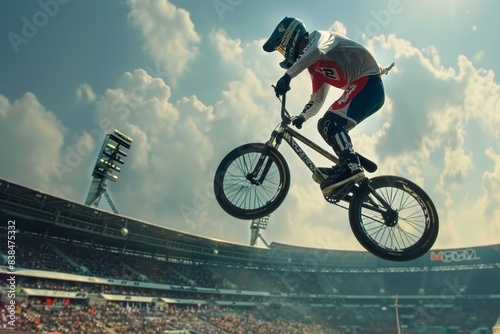 BMX Cyclist Mid-Air Jump Over Olympic Stadium Crowd During High-Excitement Sports Event - Perfect for Posters, Ads, and Sports Campaigns