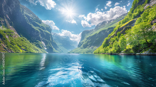 Norway fjord on a sunny day, with deep blue waters and dramatic cliffs. Mountains reflecting in the clear blue water.