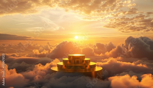 AI-generated gold podium on clouds with sunset backdrop.