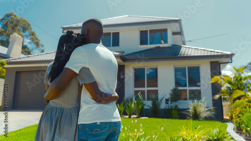 A black couple stands embracing in front of a modern home, symbolizing homeownership and a life together