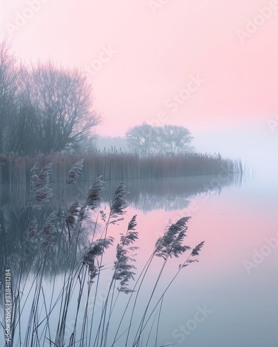 A beautiful misty lake at sunrise. The still water reflects the sky, trees, and reeds. The soft pastel colors create a peaceful and serene scene.