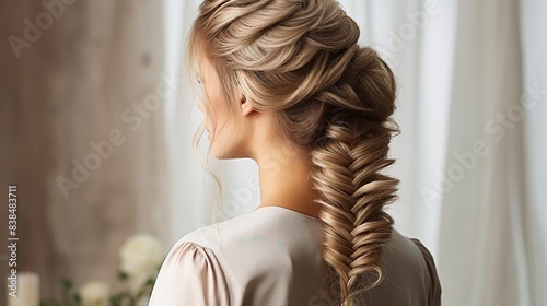 A braided fishtail ponytail hairstyle, showcasing the intricate weaving and fishtai 