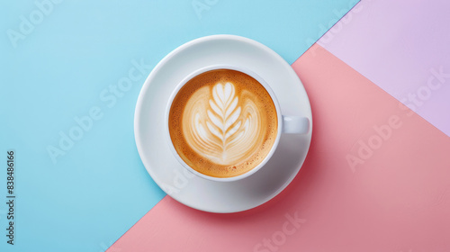 Top view a cup of cappuccino coffee with latte art in a white ceramic cup on a saucer on a combination of several soft pastel colors background