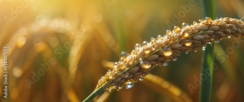 Drops of dew on a young wheat ear close-up macro in sunlight Wheat ear in droplets of dew in nature on a soft blurry gold background.