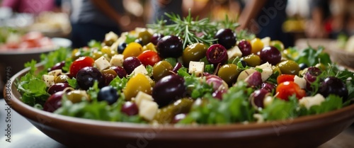 Traditional mediterranean mixed salad with olives at the market for sale Food suitable for vegans and vegetarians.