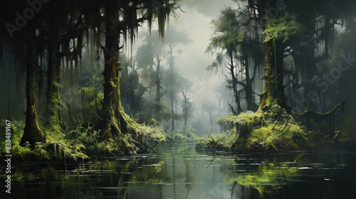 Swamp with ancient cypress trees and hanging moss -- 