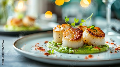 Indulge in exquisitely seared scallops with pea puree and crispy pancetta in an elegant restaurant setting. Fine dining experience under soft lighting.