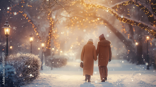 An elderly couple dressed in warm winter coats holds hands affectionately as they take a leisurely stroll through a snow-covered park