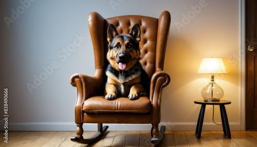 A German shepherd sits regally in a brown leather armchair indoors, creating a striking contrast with its serious expression. The cozy setting is complemented by a side table with a lamp.