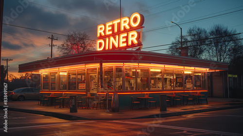  1950s retro diner with neon light signboard