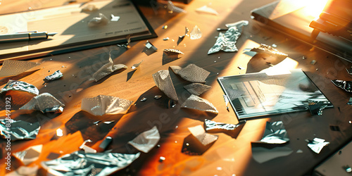 The Abstract Texture: A desk scattered with pieces of synthetic cloth, a holographic business card, and a futuristic fountain pen.