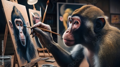 A photorealistic close-up of a monkey's paw delicately holding a paintbrush, adding details to a self-portrait in a documentary style