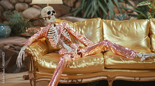 A Cool Skeleton Wearing Pink Glitter Outfit Chillin on a Gold Couch in the 70s.