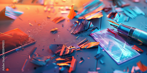 The Abstract Texture: A desk scattered with pieces of synthetic cloth, a holographic business card, and a futuristic fountain pen.