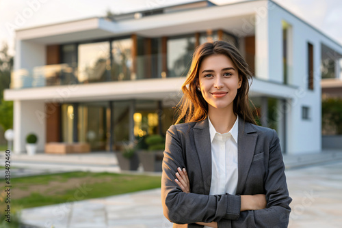 portrait of successful female real estate agent near modern house