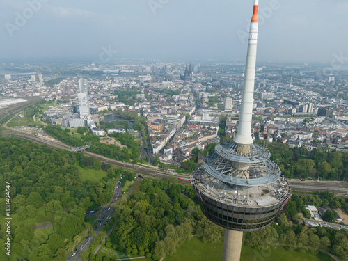 Aerial drone view on the Colonius telecommunications tower in Cologne, Germany. Icon of the skyline.