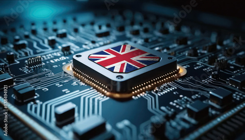 A close-up of a computer chip featuring the United Kingdom flag, highlighting United Kingdom advancements in technology