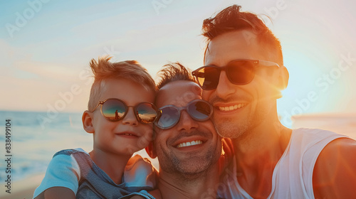 Gay couple spend time with child at the beach, LGBT family.
